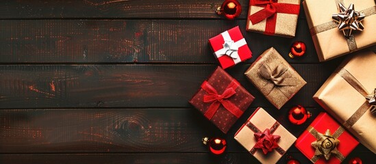 Fototapeta premium Christmas gift boxes displayed on a wooden background with copy space image
