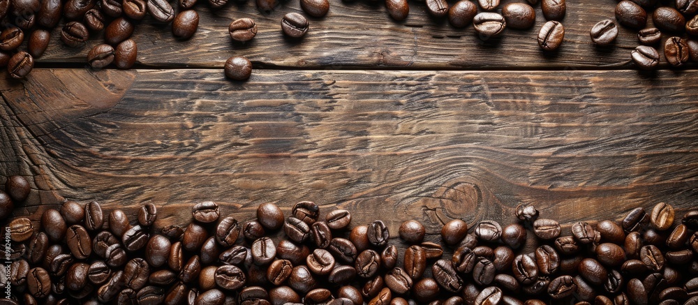 Aufkleber Coffee beans spread out across a wooden table with a blank space for text or images like a copy space image