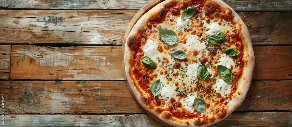 Leinwandbilder top down view of a margherita pizza on a wooden surface with ample space for text or graphics