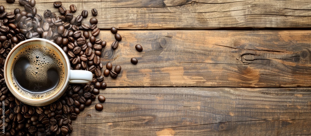 Aufkleber an aerial view of a steaming cup of coffee surrounded by coffee beans on a wooden surface with copy 