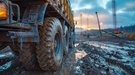 Heavy Construction Truck on Muddy Site at Sunset with Industrial Machinery in Background