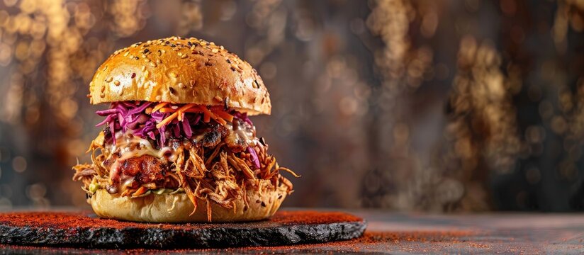 Delicious gastro pub pulled pork bun with coleslaw perfect for any menu with copy space image