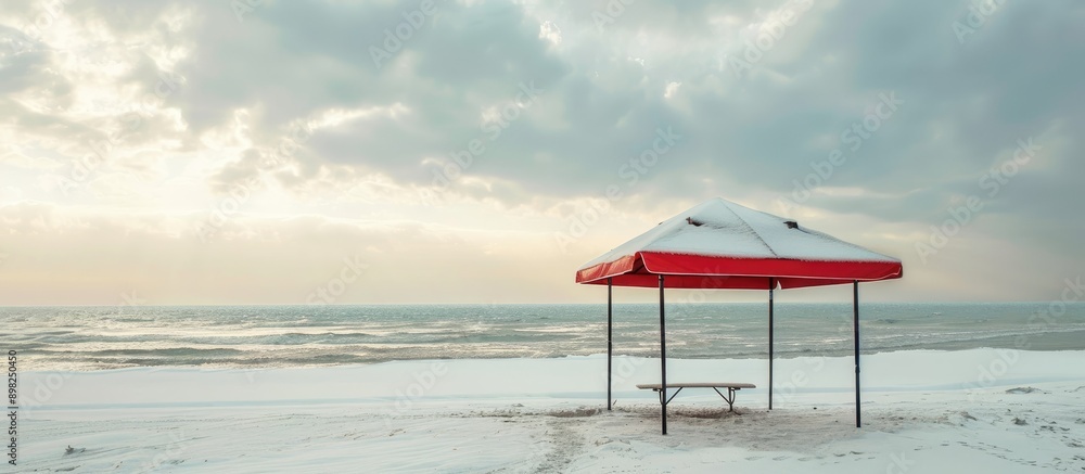 Poster beach canopy in winter setting with ample copy space image