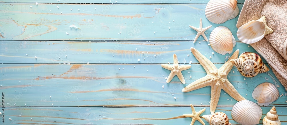 Aufkleber top view of beach towel seashells and starfish on pastel blue wooden planks background with copy spa