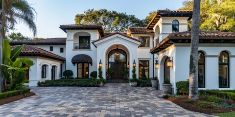 Fototapeta premium Elegant Spanish-Style Residence: Striking White and Black Facade with Rich Brown Accents. Luxurious Paver Driveway Complements Cinematic Architectural Design. AI-Generated 4K High-Resolution Wallpaper