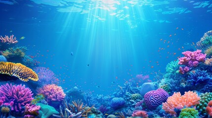 Naklejka premium teeming corals in rich hues and diverse fish darting amid sunlit waters Sunlight filters through, illuminating the scene