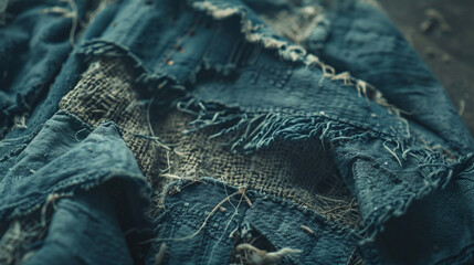 Textured blue denim macro shot reveals water-worn grunge design concept