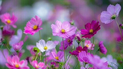 Fototapeta premium A cluster of pink and white blooms lies in the heart of a field adorned with purple and white flowers The backdrop softly blurs