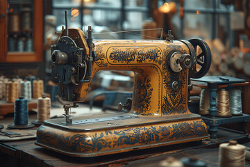Fototapeta premium Classic retro style manual sewing machine ready for sewing work. The machine is old style made of metal with floral patterns