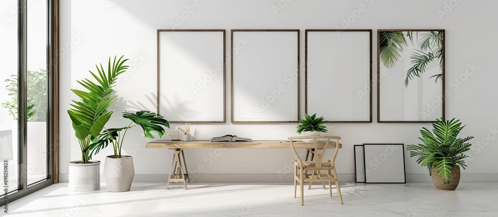 Aufkleber brown frames with copy space image are on the empty wall with potted plants on the desk this setup s