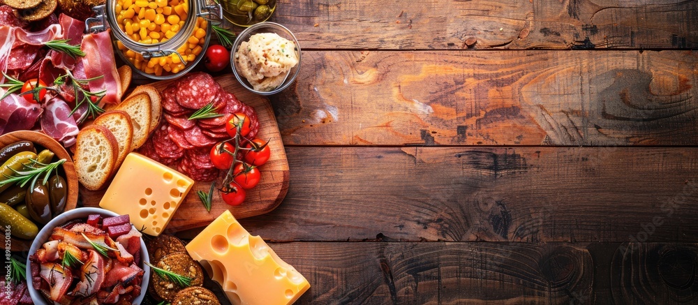 Poster Top view of cold snacks like bacon cheese and liver paste on a wooden background with ample copy space image available