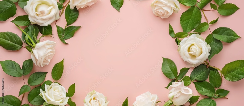 Aufkleber circular frame with white roses and green leaves on a soft pink backdrop for a flat lay top view sui