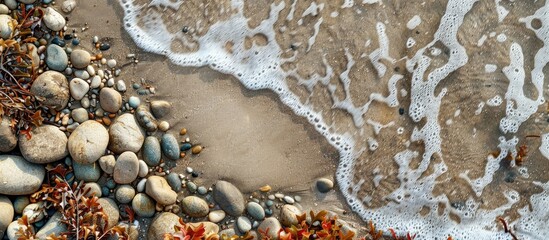 Aerial perspective of diverse sand pebbles and seaweed near the water s edge creating a vibrant marine design with room for text ideal for a holiday themed image. Creative banner. Copyspace image