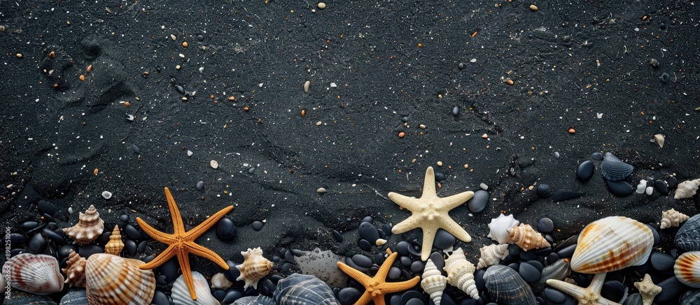 Poster a beach with dark volcanic sand incorporating seashells and starfish with a backdrop perfect for a c