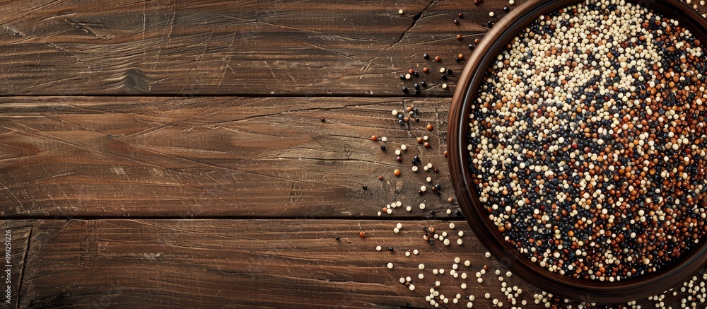 Aufkleber Close up view of a wooden table with a plate featuring assorted quinoa seeds providing ample copy space for additional text in the image