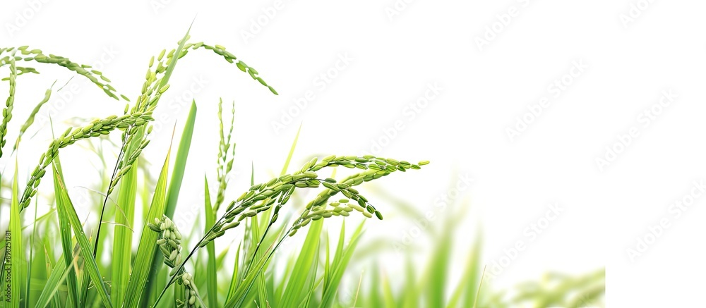Poster close up of rice paddy on a white backdrop with copy space image