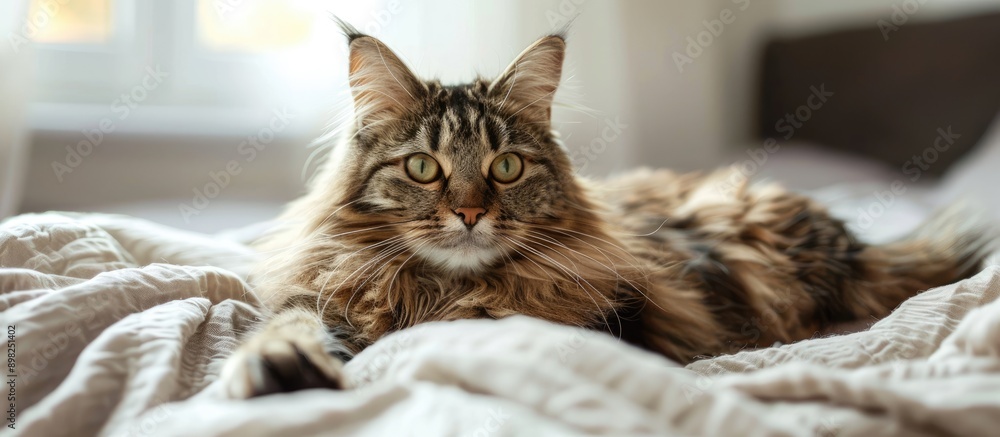 Poster a brown tabby cat with fluffy fur is resting on a bed providing a perfect copy space image