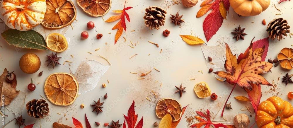 Aufkleber autumn themed arrangement with dried leaves and various decor elements on a table presented in a top