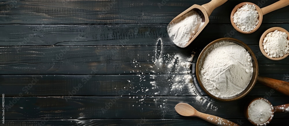 Poster cooking concept seen from above with baking tools like flour rolling pin pan and wooden spoons on a 
