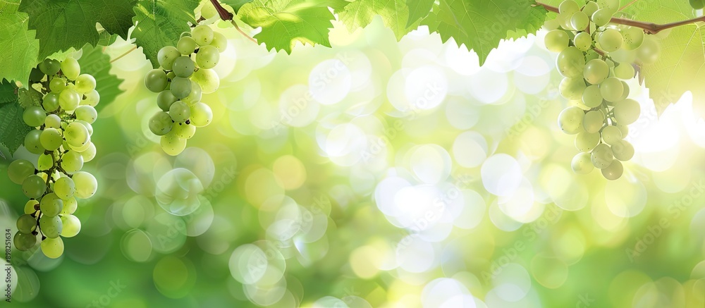Poster blurred background with green grapes and leaves showcasing a serene copy space image