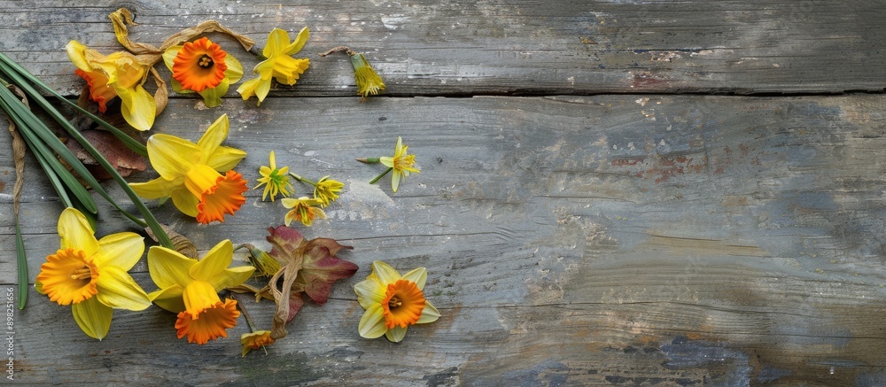 Poster Daffodil flowers both fresh and dried arranged on a weathered wooden table with a rustic background for a copy space image