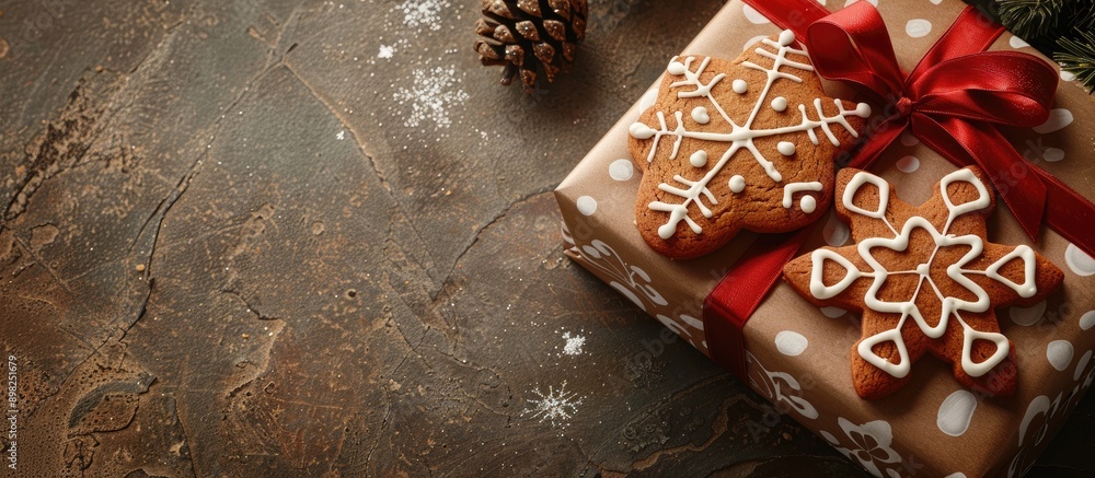 Poster top down perspective displaying a festively wrapped christmas present next to a gingerbread cookie w