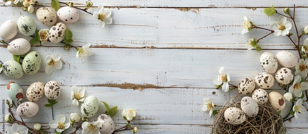 Poster a charming easter themed backdrop with blooming flowers and a nest filled with eggs set against whit
