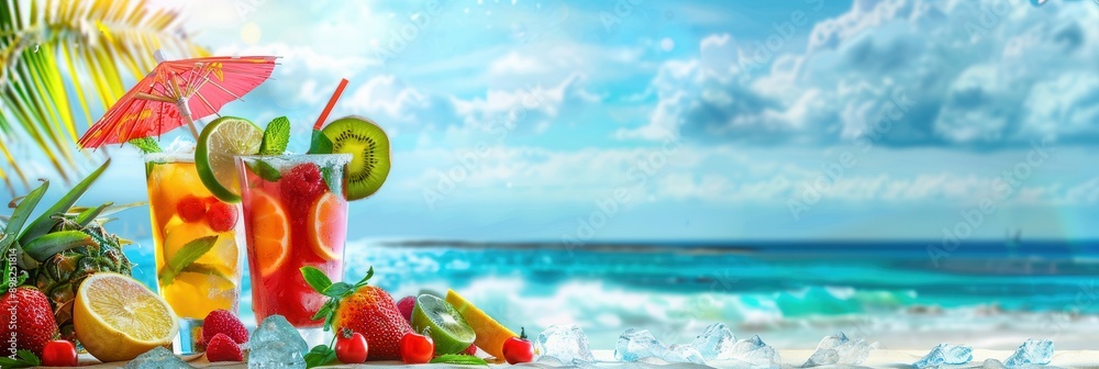 Poster refreshing cocktails garnished with fruit and umbrellas, sitting on a beach with blue ocean and a br