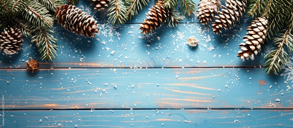 Poster blue wooden texture with fir branches cones and snow for winter christmas vibe suitable for copy spa