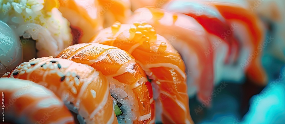 Poster close up of vibrant sushi sets displayed as a background with a beautiful and bright appearance agai