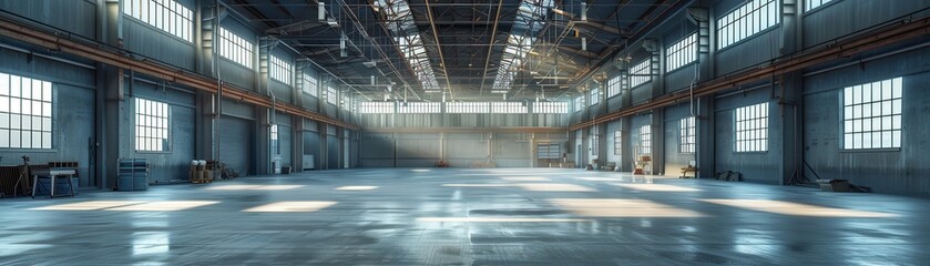 Spacious Industrial Warehouse Interior with Sunlight Streaming Through Large Windows