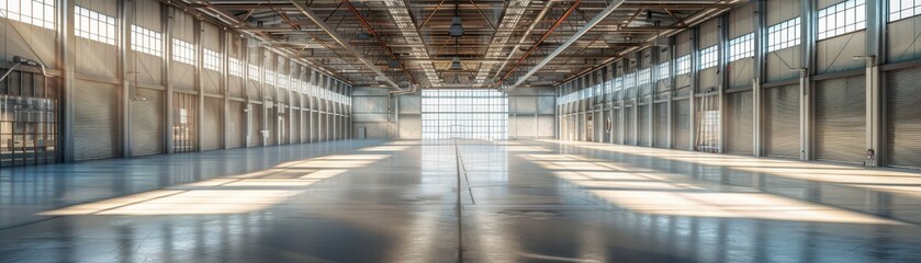 Spacious Industrial Warehouse Interior with Large Windows and Natural Light