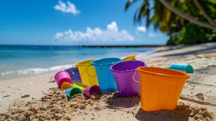 Colorful Beach Buckets on Sandy Shore.