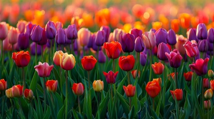  A field filled with vibrant tulips, sun illuminating them from the foreground