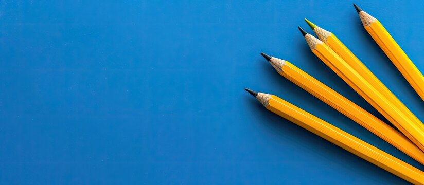 Aerial view of yellow pencils and blank paper against a blue backdrop with copy space image