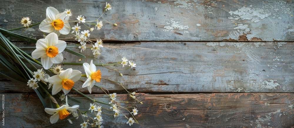 Aufkleber Daffodil flowers both fresh and dried arranged on a weathered wooden table with a rustic background for a copy space image