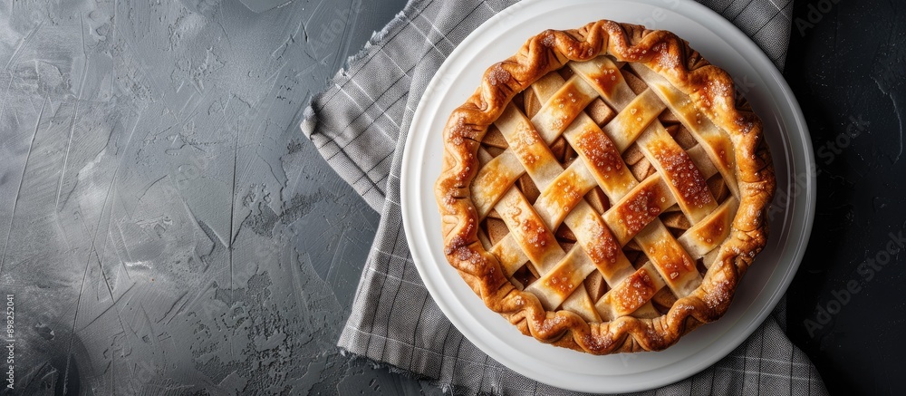Poster top down view of a homemade apple pie in a charlotte mold presented on a white plate against a grey 