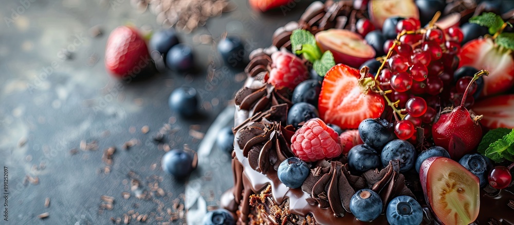 Aufkleber chocolate and fruit cake with low calorie ingredients featured in a copy space image