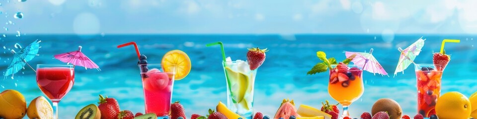 Obraz premium A row of colorful cocktails with fruit garnishes and umbrellas sits on a beach with an ocean backdrop. Generative AI