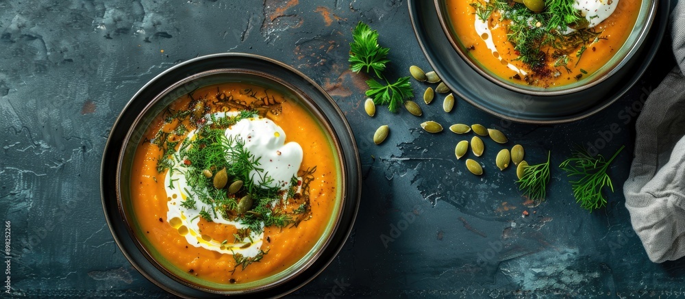 Poster delicious pumpkin soup topped with cream dill and pumpkin seeds in a long format top view copy space