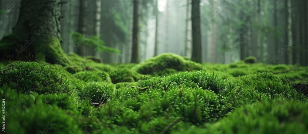 Poster close up view of a mossy forest ground with branches in a european forest ideal for copy space image