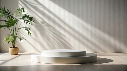 Empty product placement stage with natural light and plant shadow on white wall. Summer background mockup for beauty, spa and cosmetic showroom. Minimal home table platform in neutral tone.