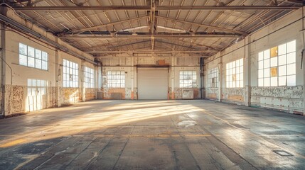 Spacious Empty Industrial Warehouse with Large Windows and High Ceilings in Warm Sunlight