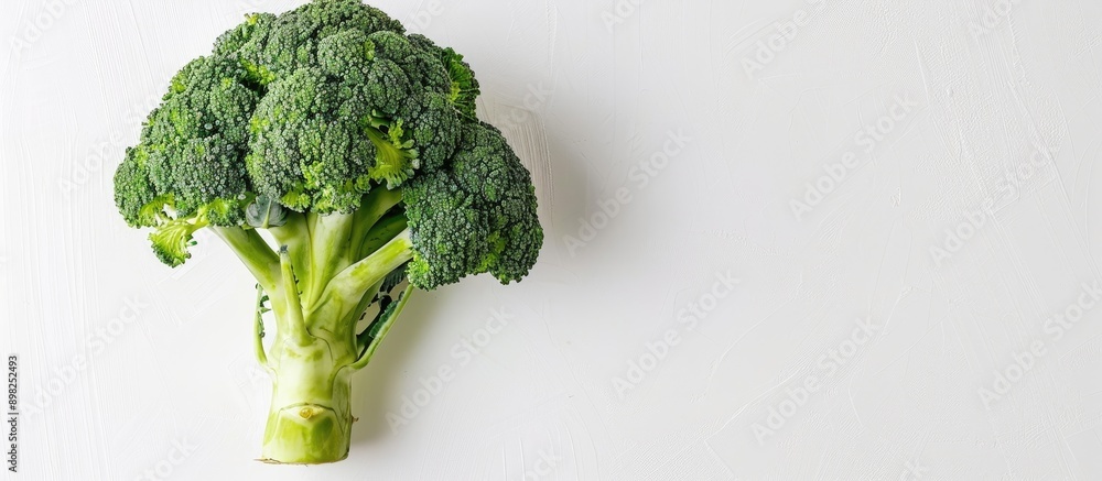 Poster top down view of a fresh broccoli head against a white backdrop for a healthy diet featuring a copy 