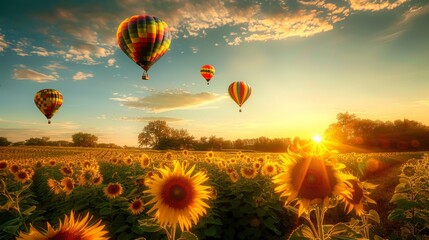 Obraz premium Hot Air Balloons Over Sunflower Field at Sunset.
