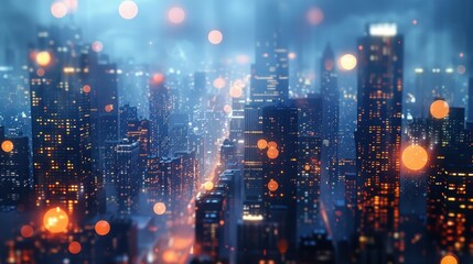 Naklejka premium Aerial View of Modern Cityscape at Night with Bokeh Lights and Skyscrapers in the Background