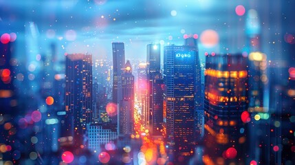 Vibrant Night Cityscape with Colorful Bokeh Lights and Modern Skyscrapers in the Background