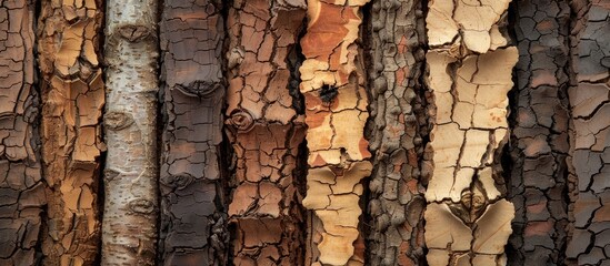 Close up of various dry pine tree bark pieces arranged in a row on a brown cork board background leaving a barren and natural appearance with copy space image