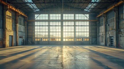 Sunlit Industrial Warehouse Interior with Large Windows and Concrete Floor