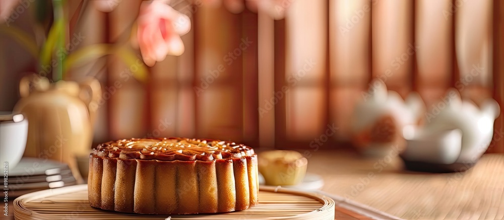 Poster Close up of a mooncake during the Chinese Mid Autumn Festival with a table setting and ample copy space for text